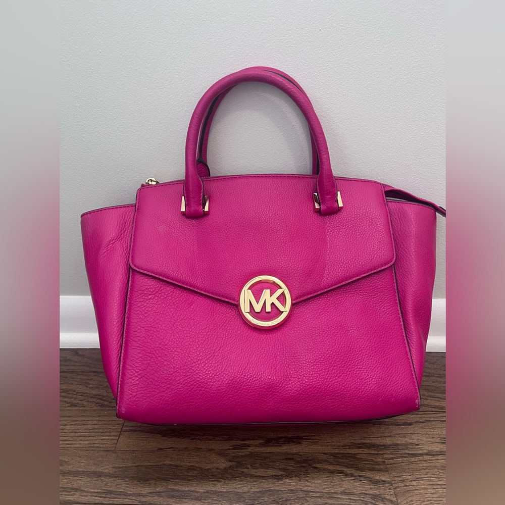 Michael Kors MK Fuchsia Pebbled Leather Hudson Satchel